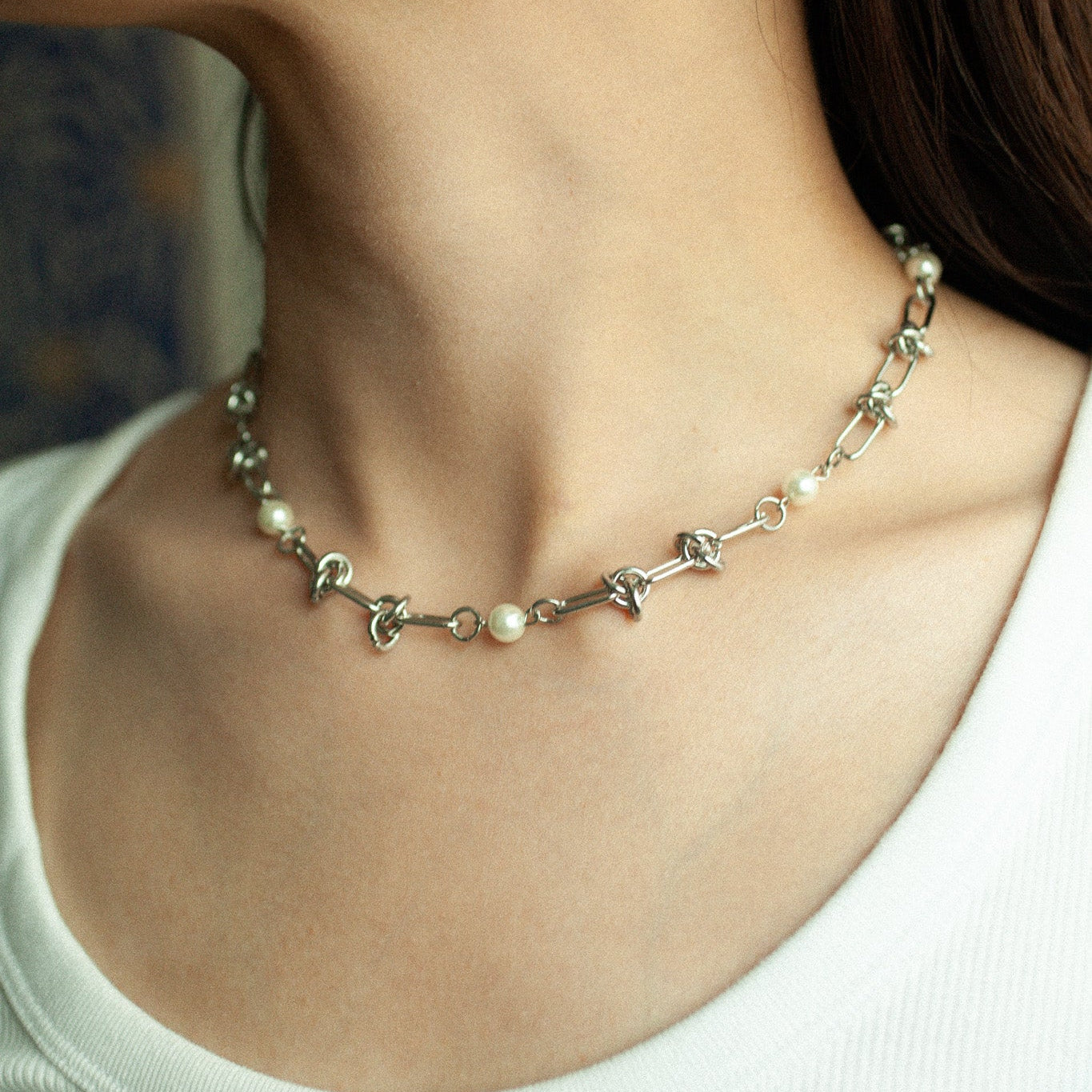 Chain pearl necklace 031 Silver